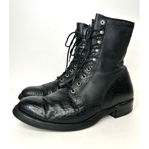 Vintage 90s BOULET Combat Boot LaceUp Pebbled Full Grain Black Leather Punk 9 - Picture 2 of 15